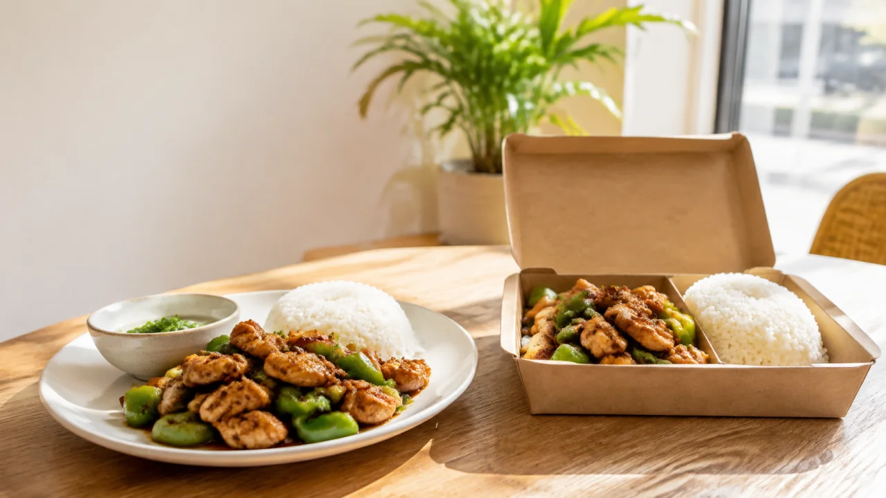 同一道鸡肉青椒米饭分别放在堂食餐盘和外卖餐盒中