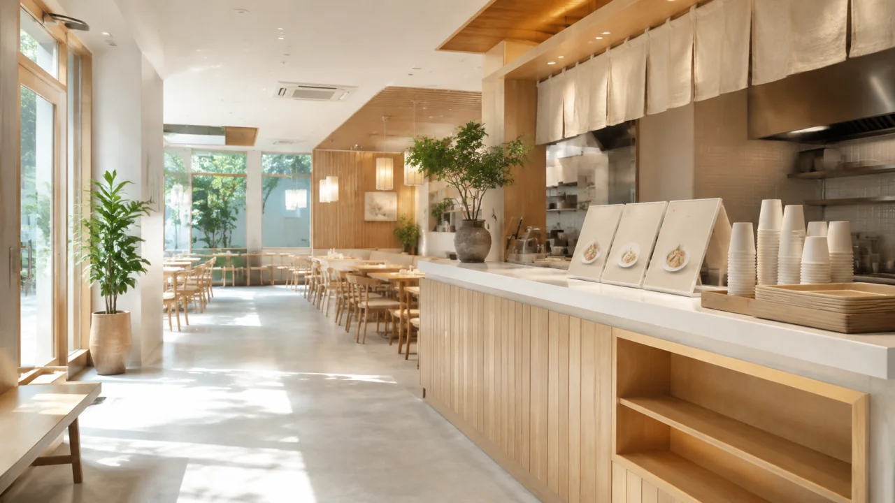 日光充足的餐厅前台、菜单展示与取餐区域